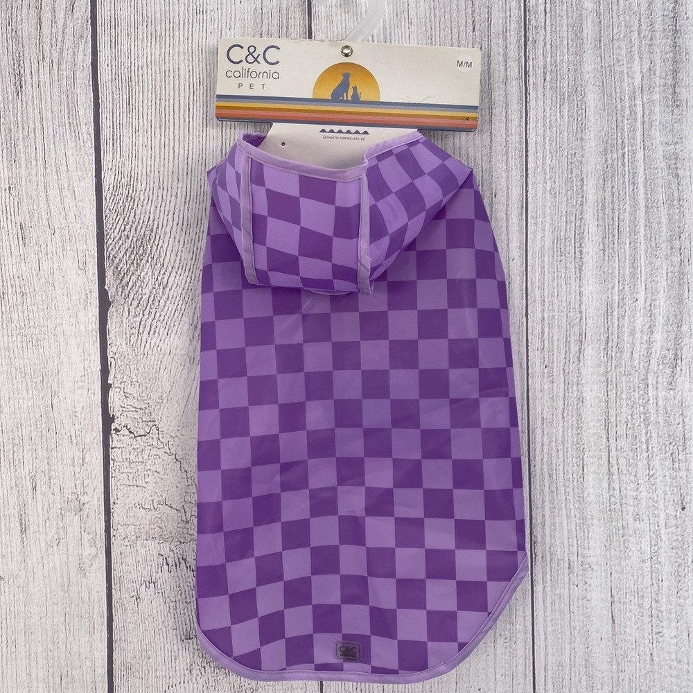 C&C California Dog Rain Coat MEDIUM Purple Checkered Waterproof Hooded Jacket